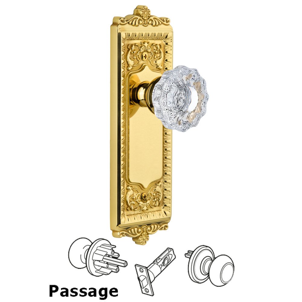 Windsor Plate Passage with Versailles knob in Lifetime Brass