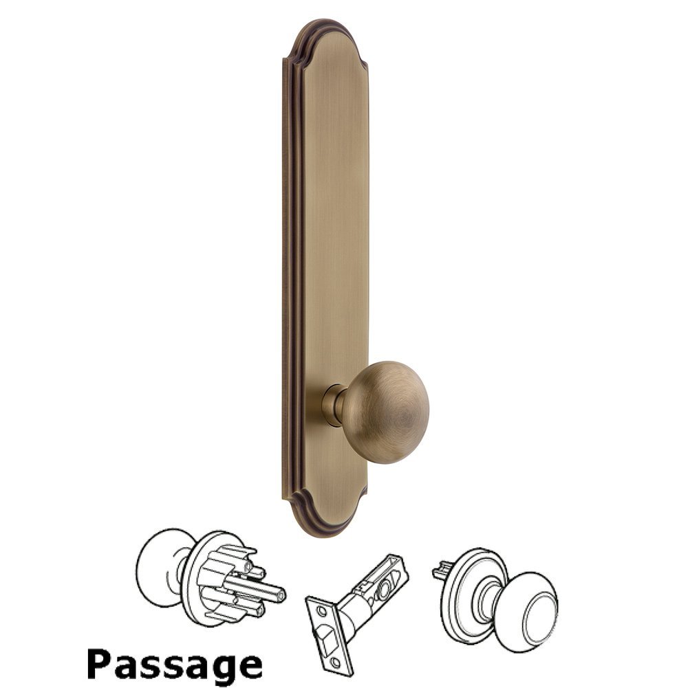 Tall Plate Passage with Fifth Avenue Knob in Vintage Brass