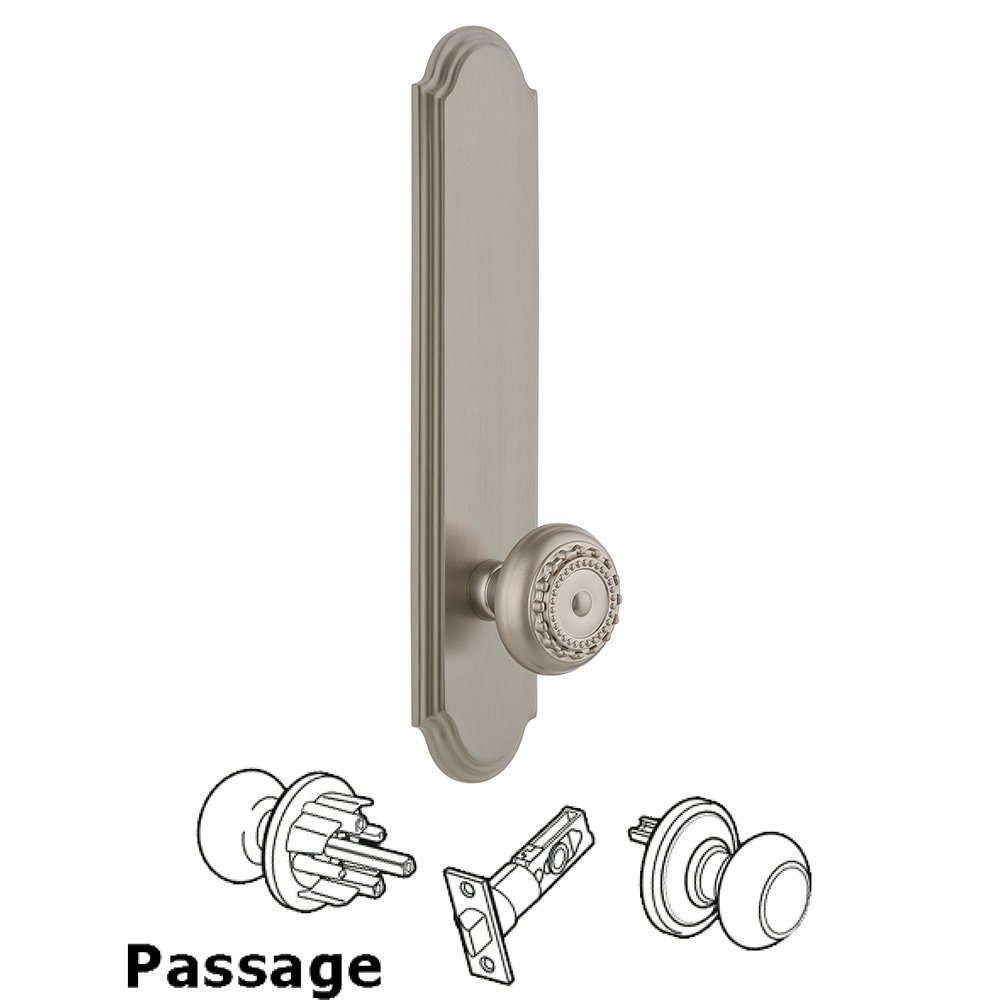 Tall Plate Passage with Parthenon Knob in Satin Nickel