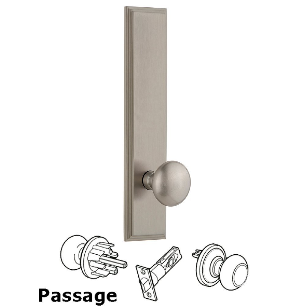 Passage Carre Tall Plate with Fifth Avenue Knob in Satin Nickel