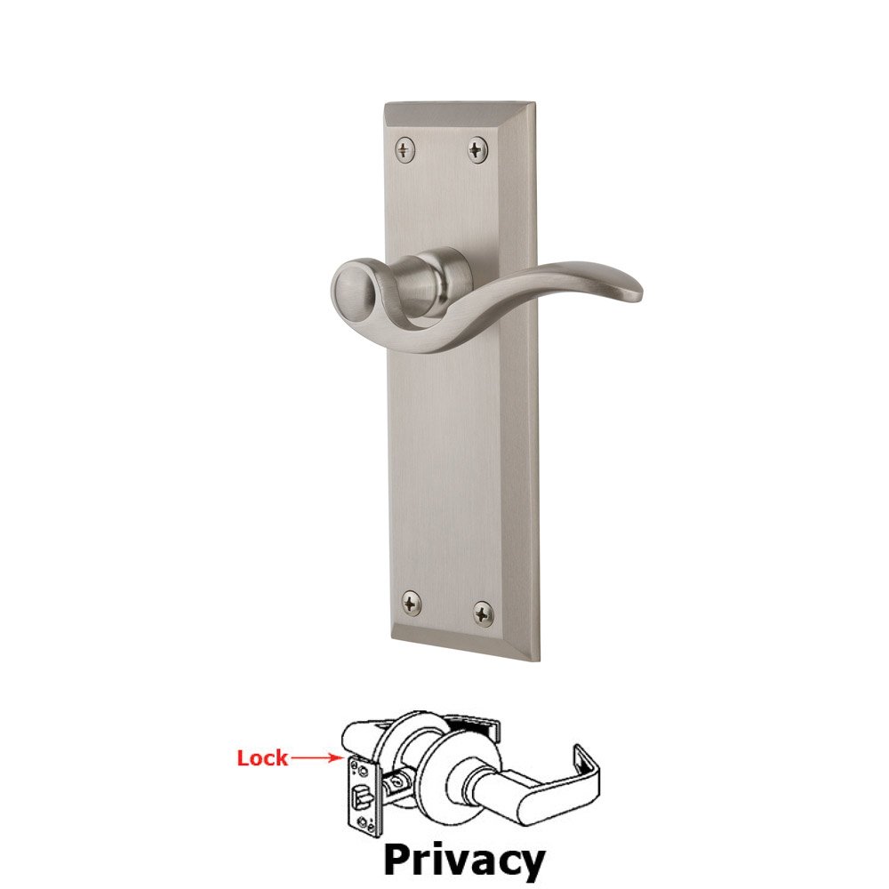 Privacy Fifth Avenue Plate with Bellagio Left Handed Lever in Satin Nickel