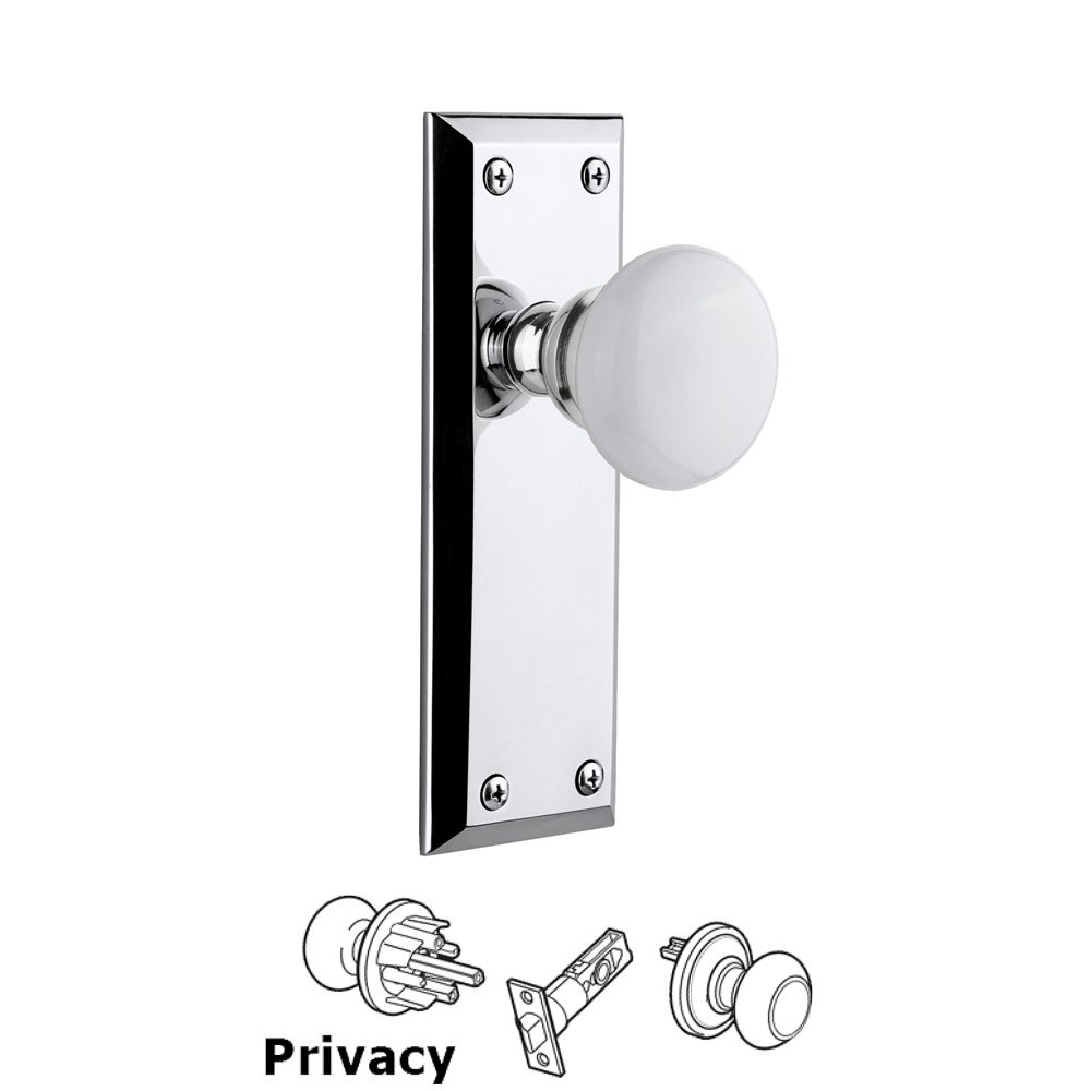 Fifth Avenue Plate Privacy with Hyde Park White Porcelain Knob in Bright Chrome