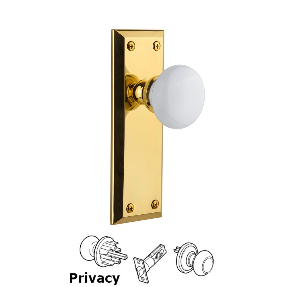 Fifth Avenue Plate Privacy with Hyde Park White Porcelain Knob in Lifetime Brass