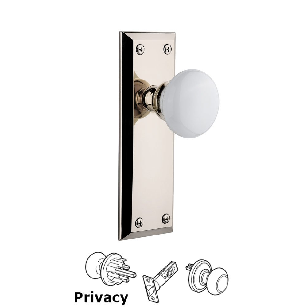 Fifth Avenue Plate Privacy with Hyde Park White Porcelain Knob in Polished Nickel
