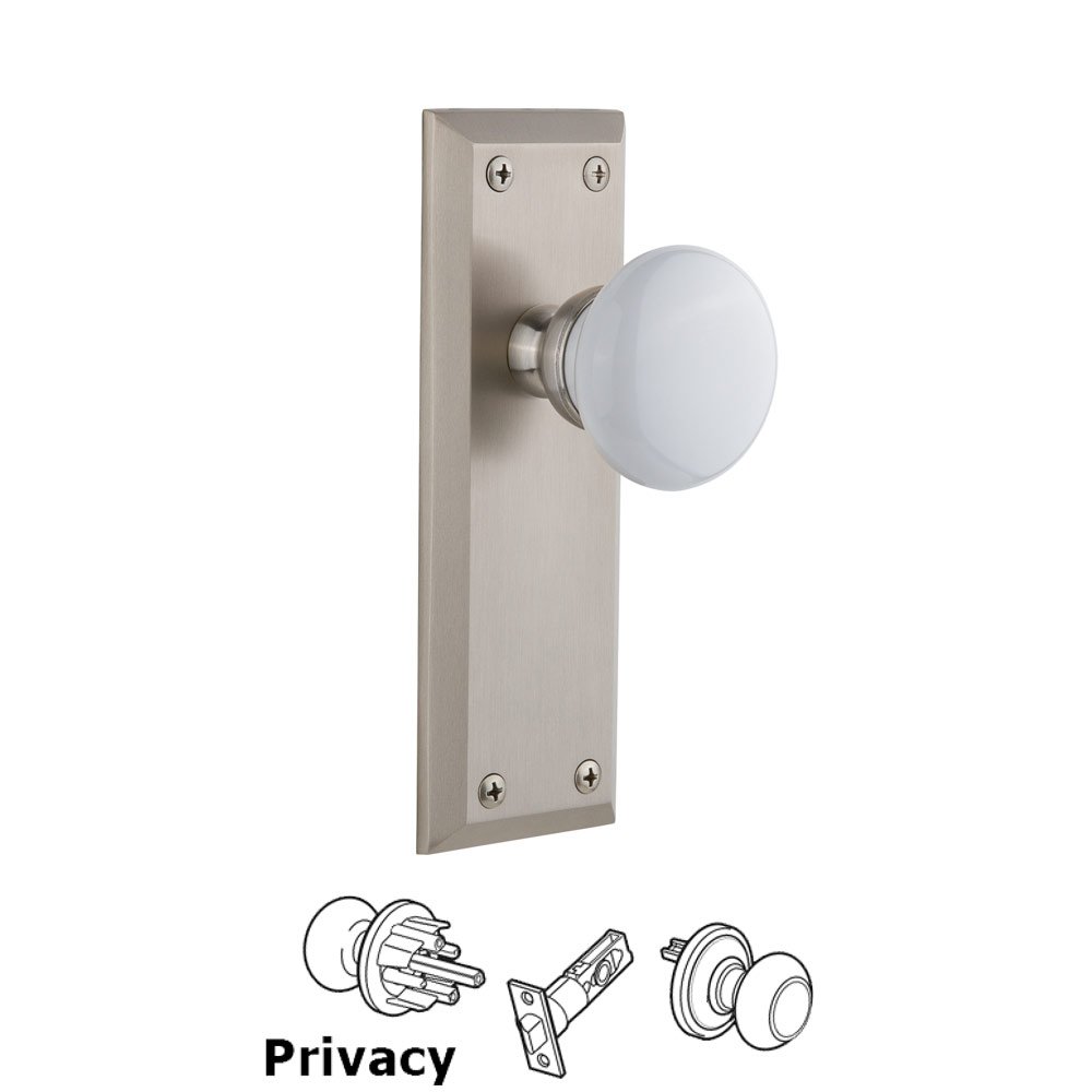 Fifth Avenue Plate Privacy with Hyde Park White Porcelain Knob in Satin Nickel
