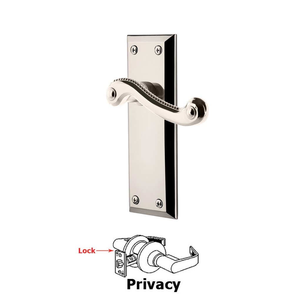 Privacy Fifth Avenue Plate with Newport Left Handed Lever in Polished Nickel