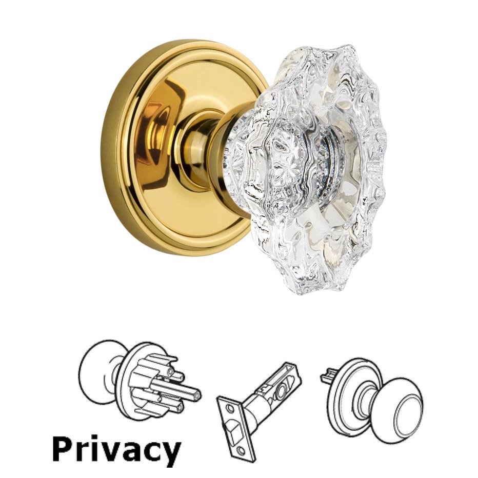 Grandeur Georgetown Plate Privacy with Biarritz crystal knob in Polished Brass