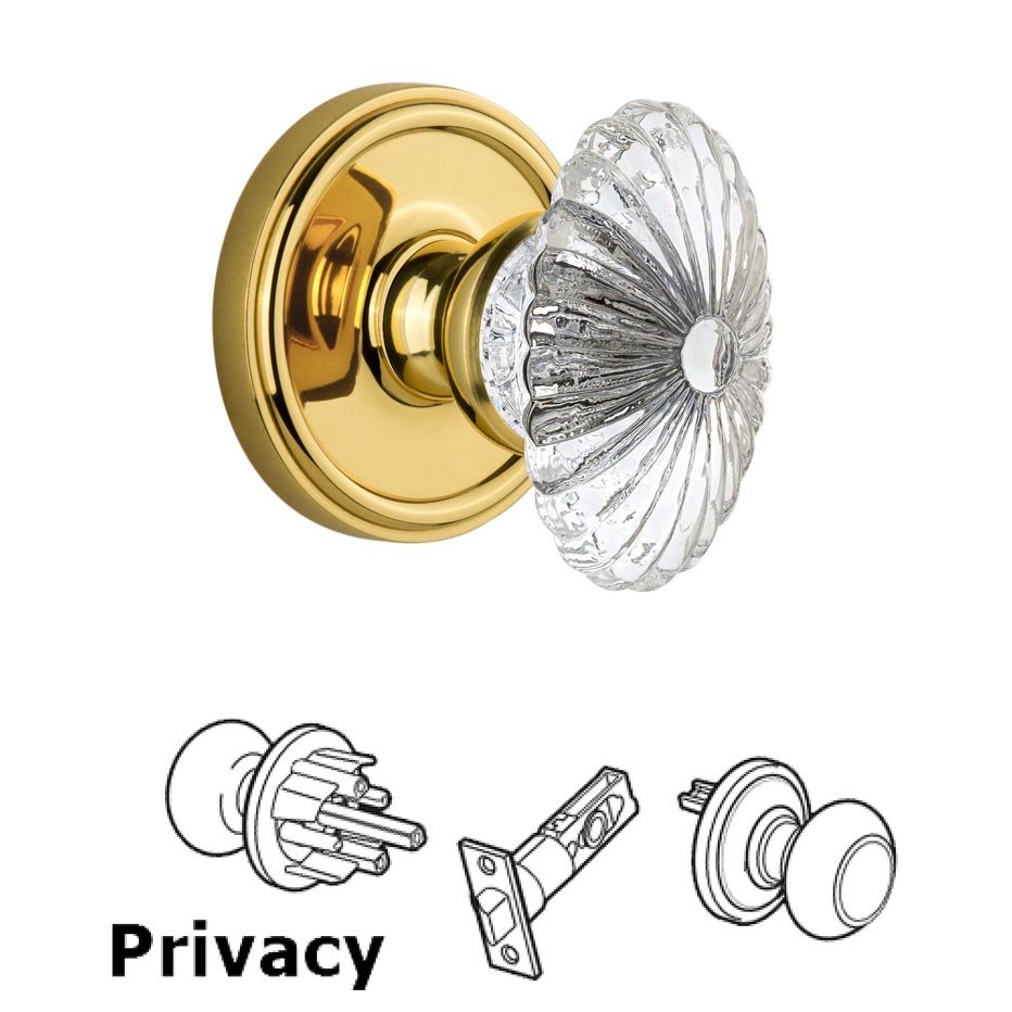 Grandeur Georgetown Plate Privacy with Burgundy Crystal Knob in Polished Brass