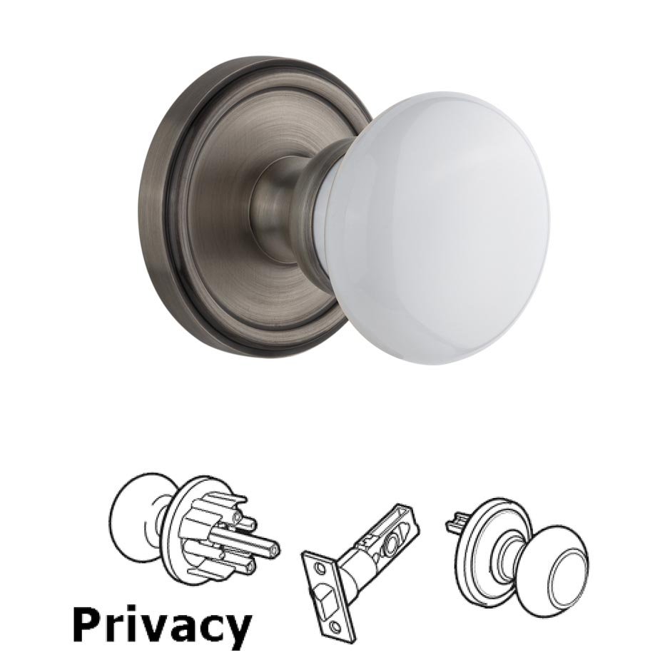 Georgetown Plate Privacy with Hyde Park White Porcelain Knob in Antique Pewter