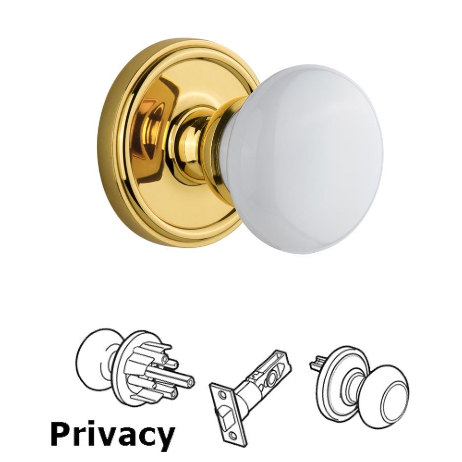 Georgetown Plate Privacy with Hyde Park White Porcelain Knob in Polished Brass