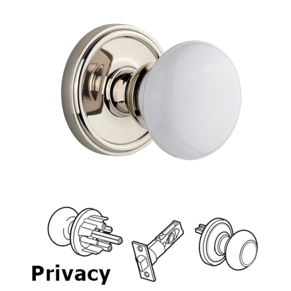 Georgetown Plate Privacy with Hyde Park White Porcelain Knob in Polished Nickel