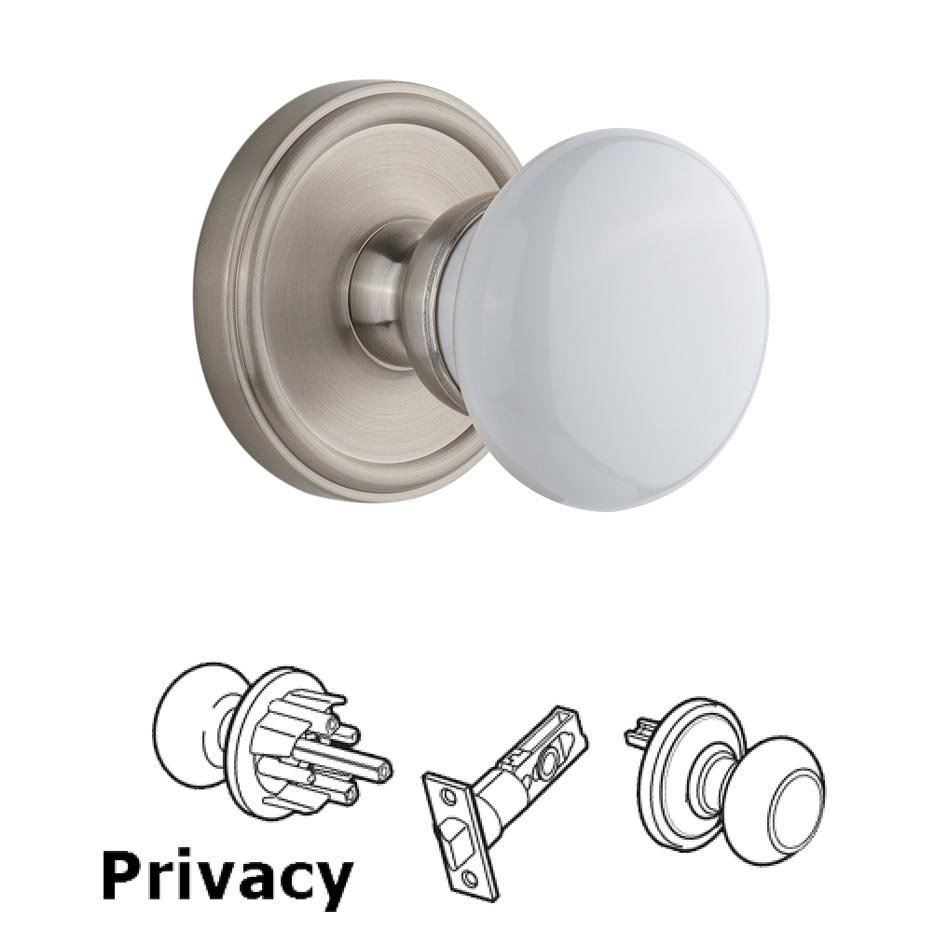 Georgetown Plate Privacy with Hyde Park White Porcelain Knob in Satin Nickel