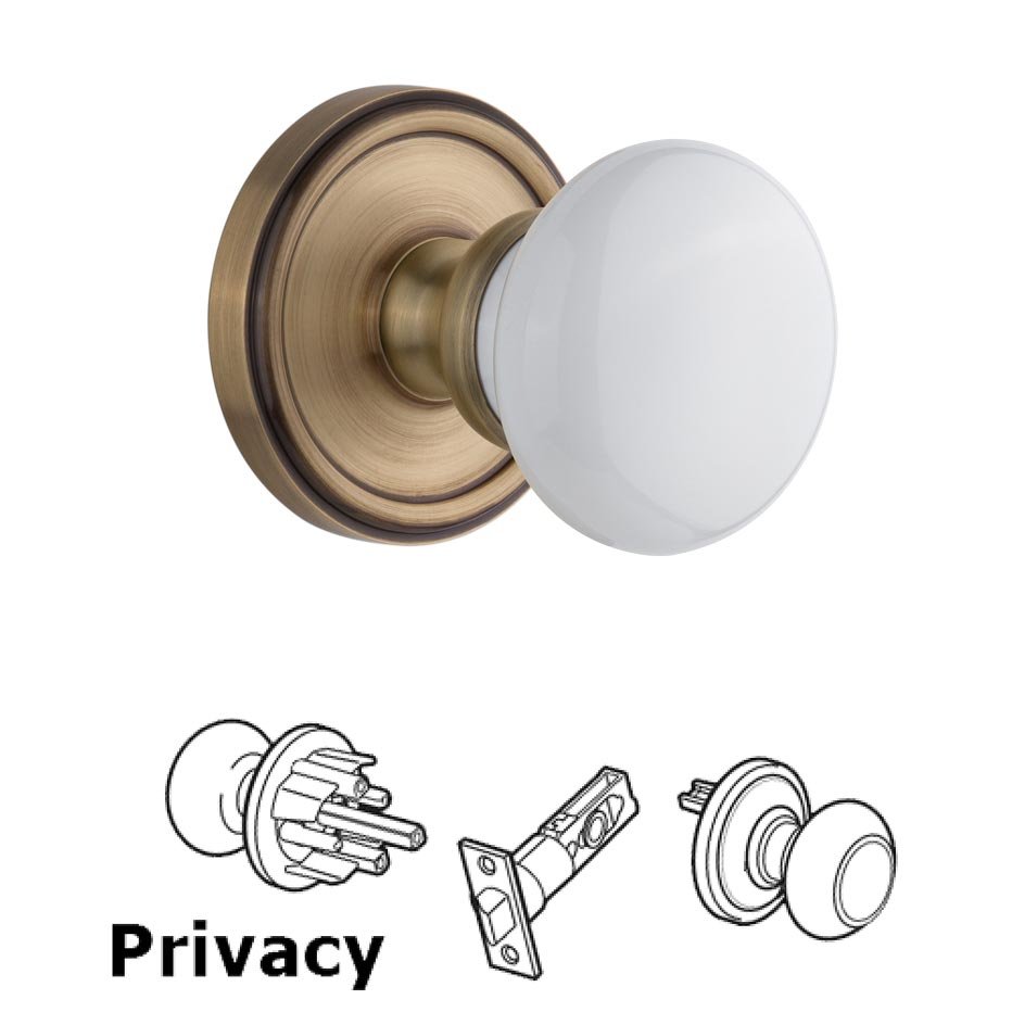 Georgetown Plate Privacy with Hyde Park White Porcelain Knob in Vintage Brass