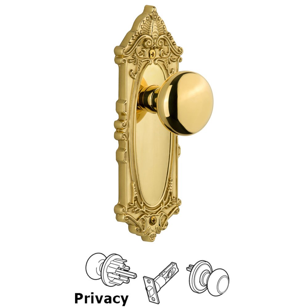Grandeur Grande Victorian Plate Privacy with Fifth Avenue Knob in Polished Brass