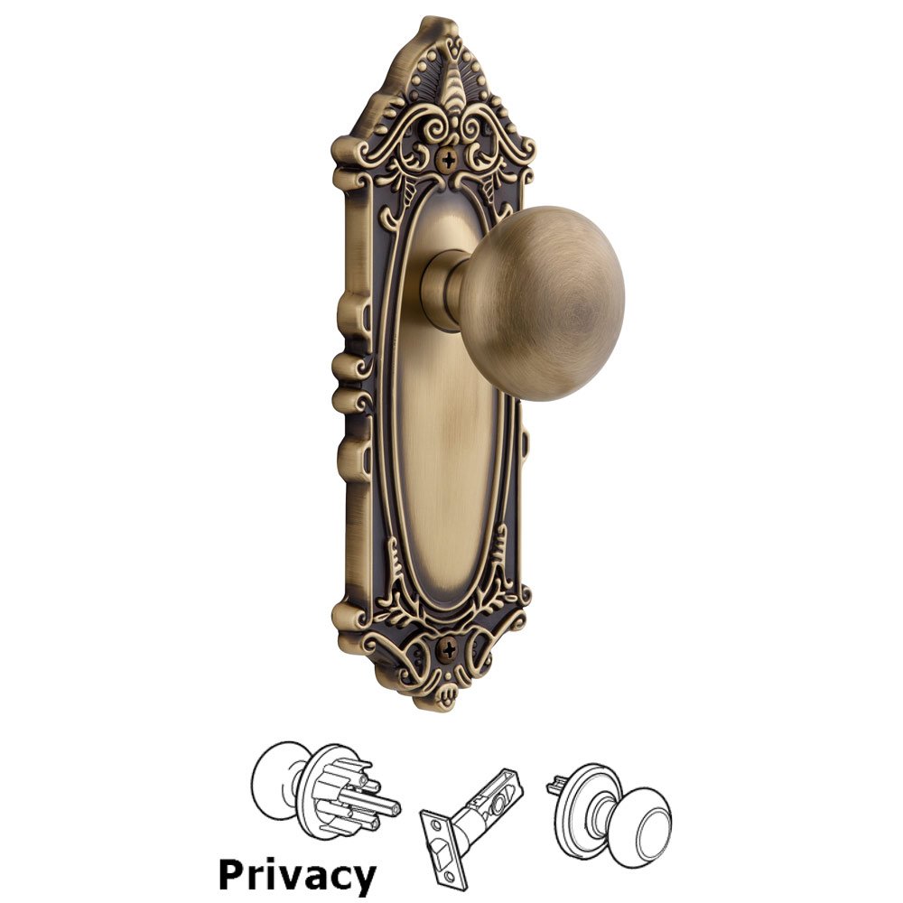 Grandeur Grande Victorian Plate Privacy with Fifth Avenue Knob in Vintage Brass