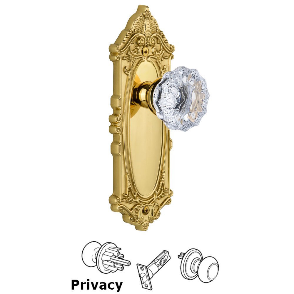 Grandeur Grande Victorian Plate Privacy with Fontainebleau Knob in Polished Brass