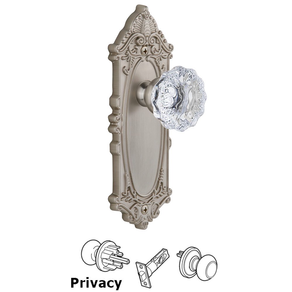 Grandeur Grande Victorian Plate Privacy with Fontainebleau Knob in Satin Nickel