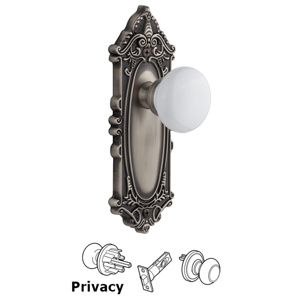Grande Victorian Plate Privacy with Hyde Park White Porcelain Knob in Antique Pewter