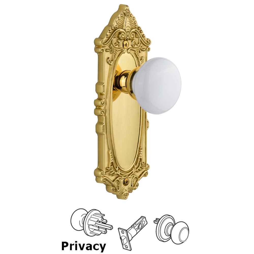 Grande Victorian Plate Privacy with Hyde Park White Porcelain Knob in Polished Brass