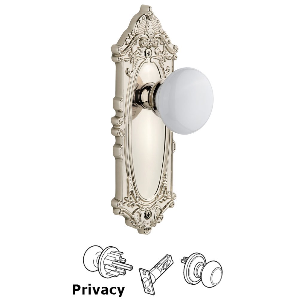 Grande Victorian Plate Privacy with Hyde Park White Porcelain Knob in Polished Nickel