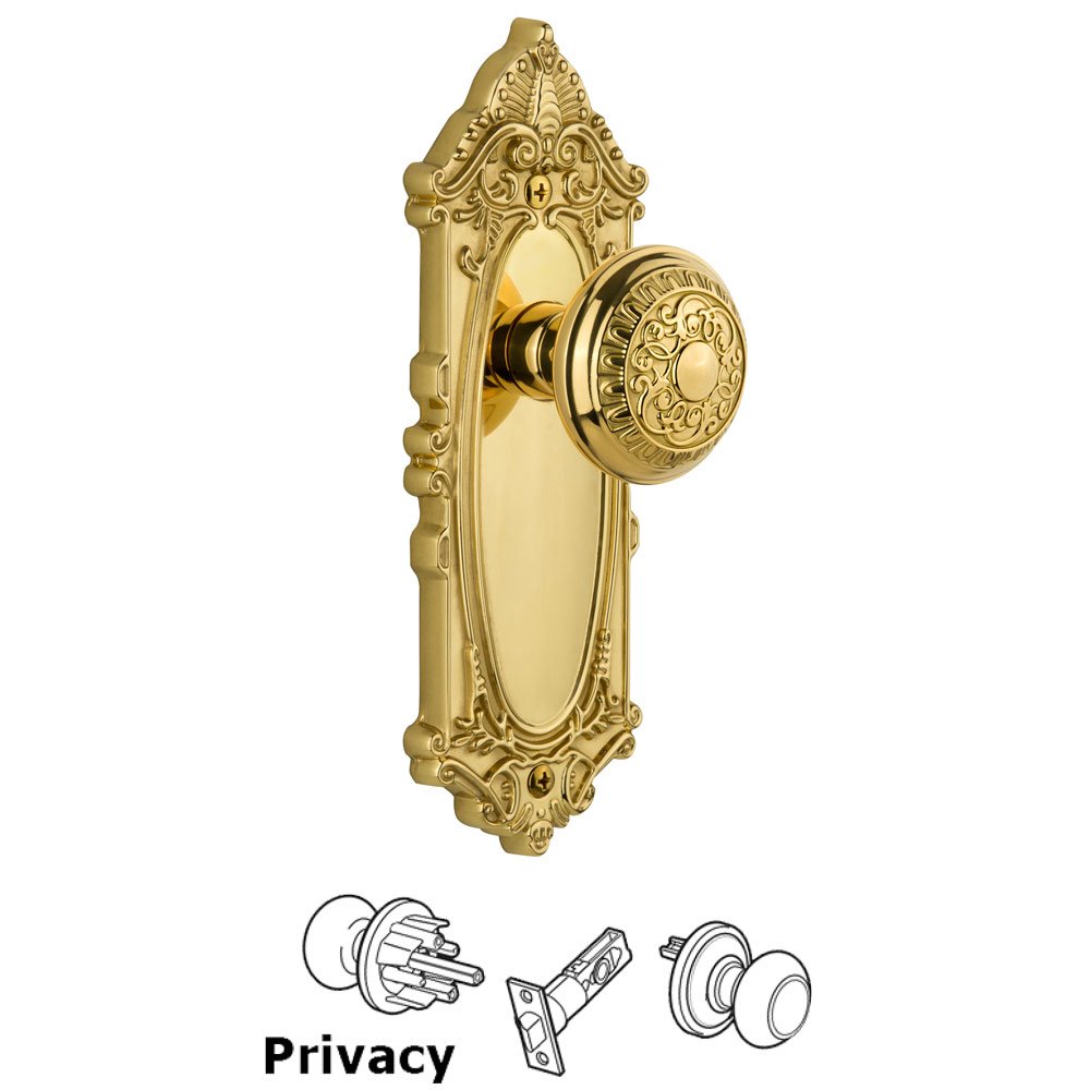 Grandeur Grande Victorian Plate Privacy with Windsor Knob in Polished Brass