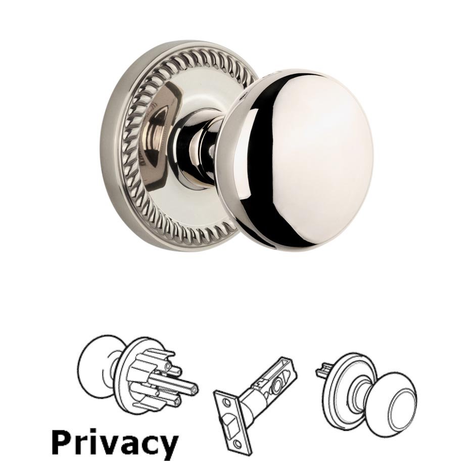 Grandeur Newport Plate Privacy with Fifth Avenue Knob in Polished Nickel