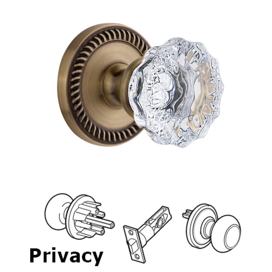 Grandeur Newport Plate Privacy with Fontainebleau Crystal Knob in Vintage Brass