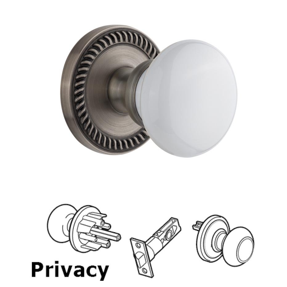 Newport Plate Privacy with Hyde Park White Porcelain Knob in Antique Pewter