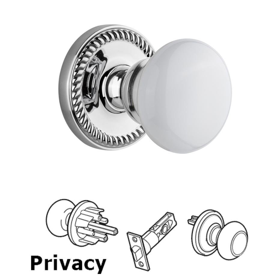 Newport Plate Privacy with Hyde Park White Porcelain Knob in Bright Chrome