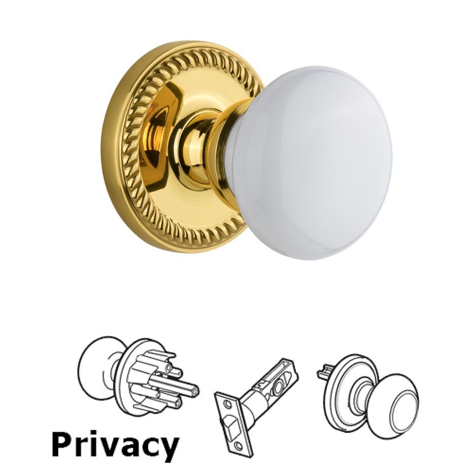 Newport Plate Privacy with Hyde Park White Porcelain Knob in Polished Brass