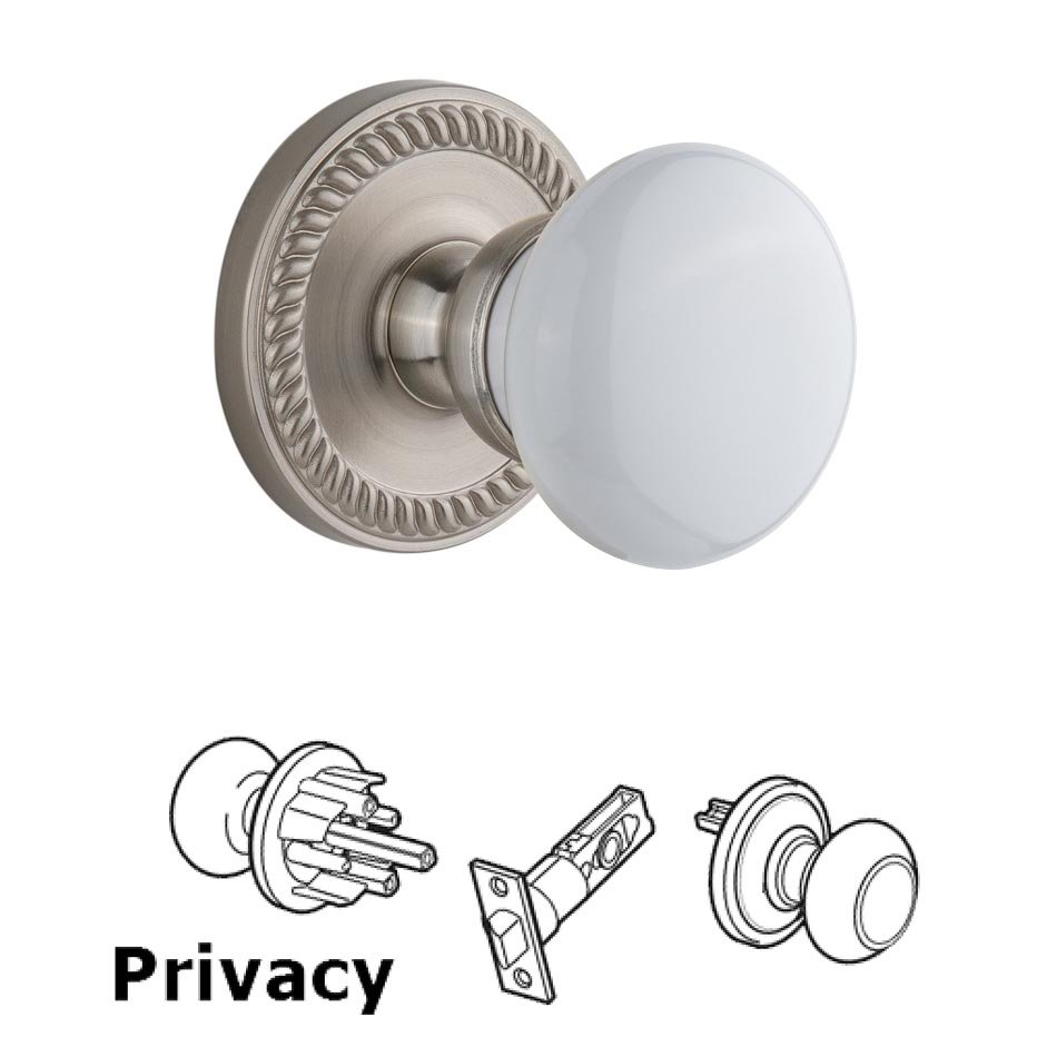 Newport Plate Privacy with Hyde Park White Porcelain Knob in Satin Nickel