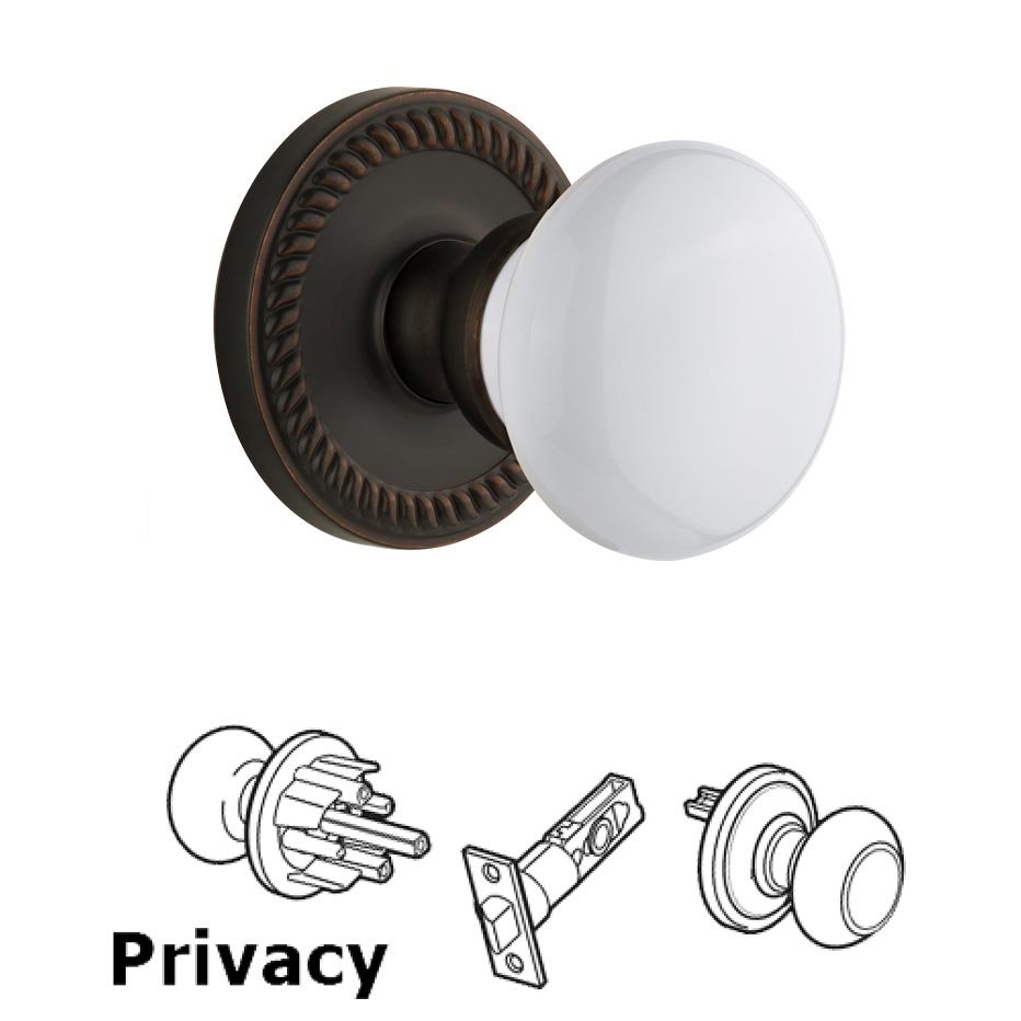 Newport Plate Privacy with Hyde Park White Porcelain Knob in Timeless Bronze