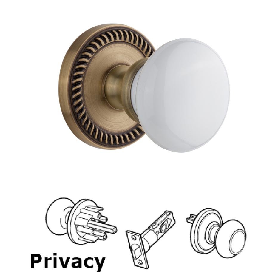 Newport Plate Privacy with Hyde Park White Porcelain Knob in Vintage Brass
