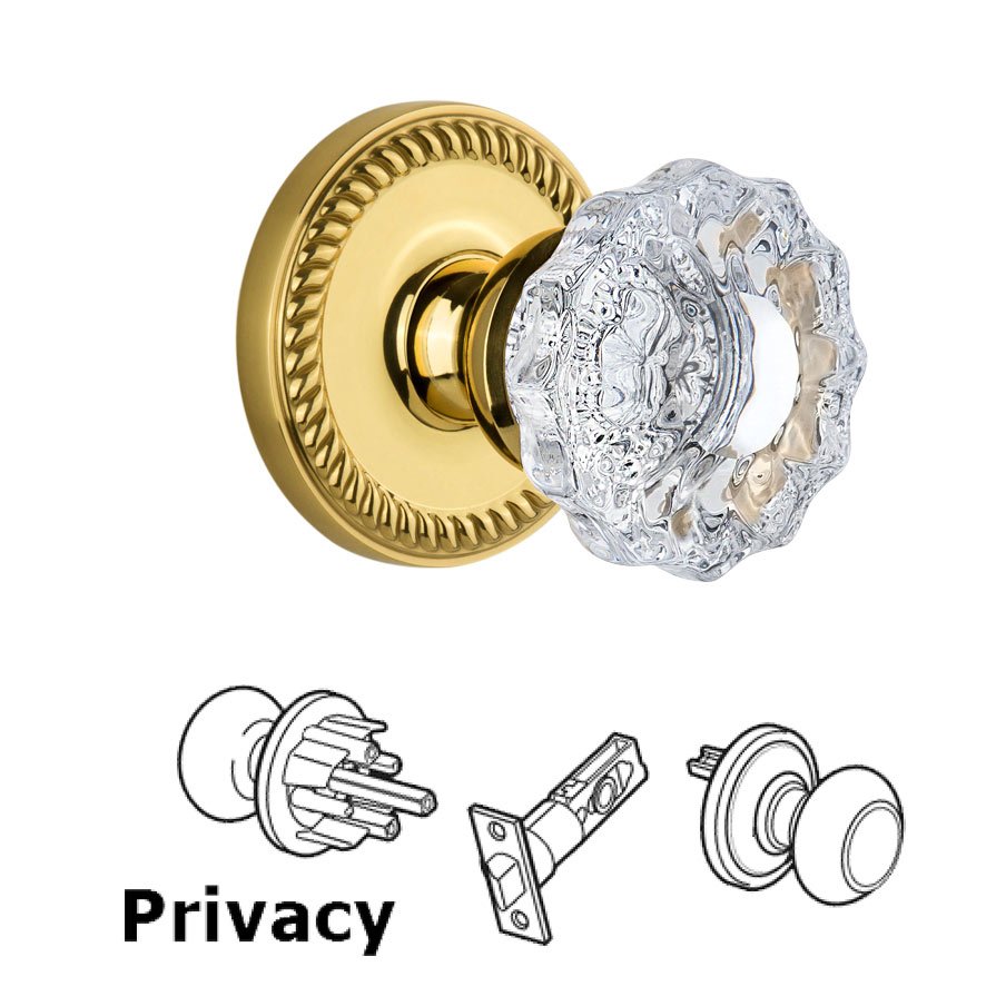 Grandeur Newport Plate Privacy with Versailles Crystal Knob in Lifetime Brass