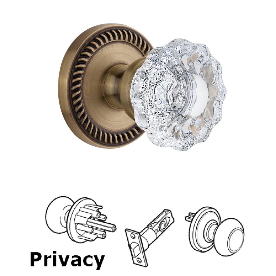 Grandeur Newport Plate Privacy with Versailles Crystal Knob in Vintage Brass