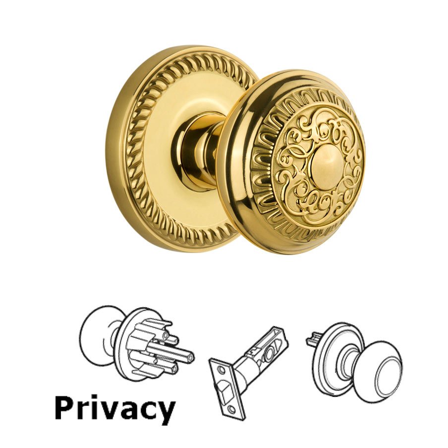Grandeur Newport Plate Privacy with Windsor Knob in Lifetime Brass