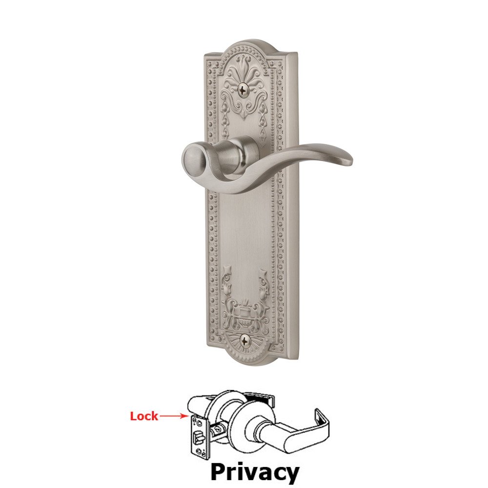 Privacy Parthenon Plate with Bellagio Left Handed Lever in Satin Nickel