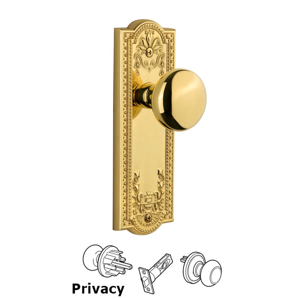 Grandeur Parthenon Plate Privacy with Fifth Avenue Knob in Lifetime Brass