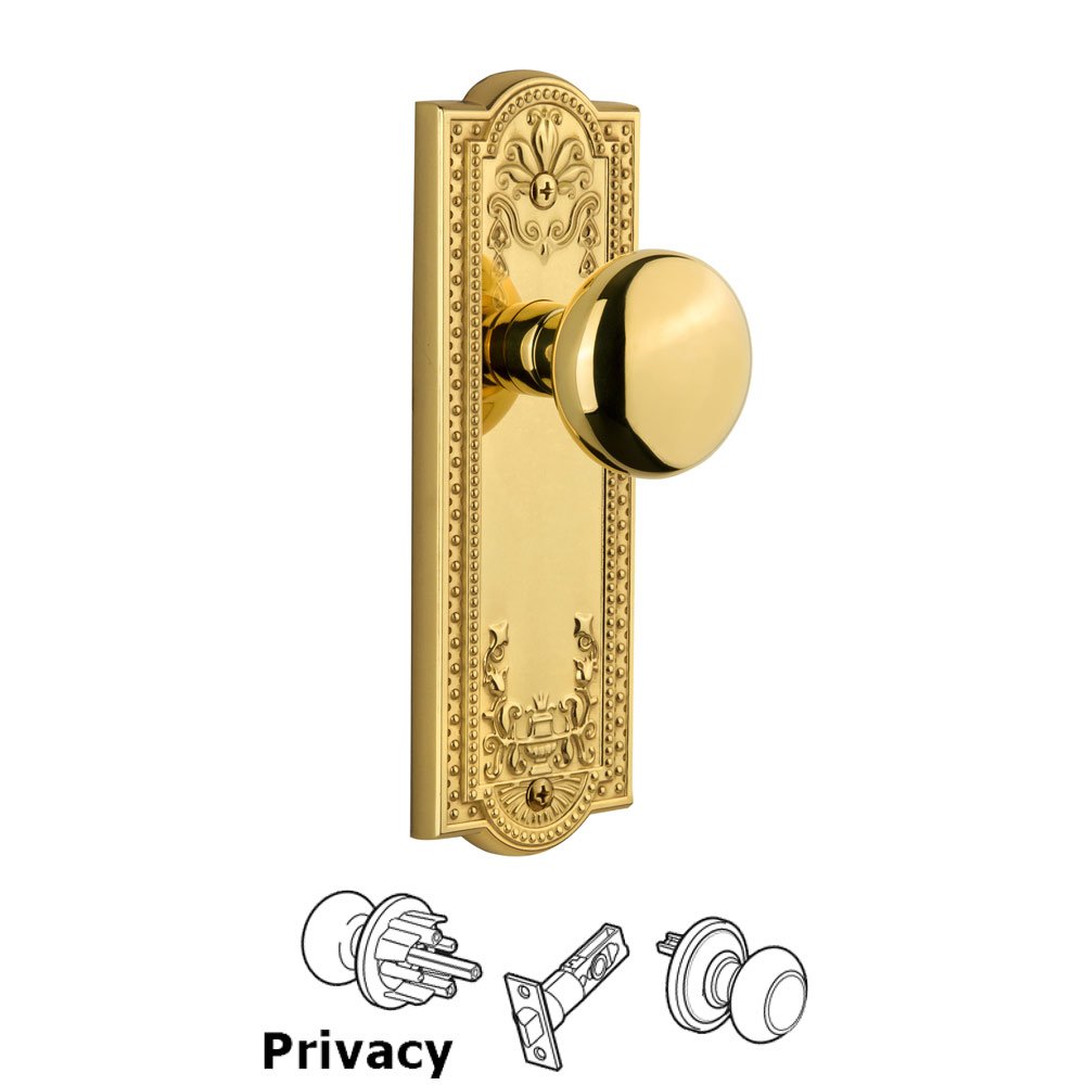 Grandeur Parthenon Plate Privacy with Fifth Avenue Knob in Polished Brass