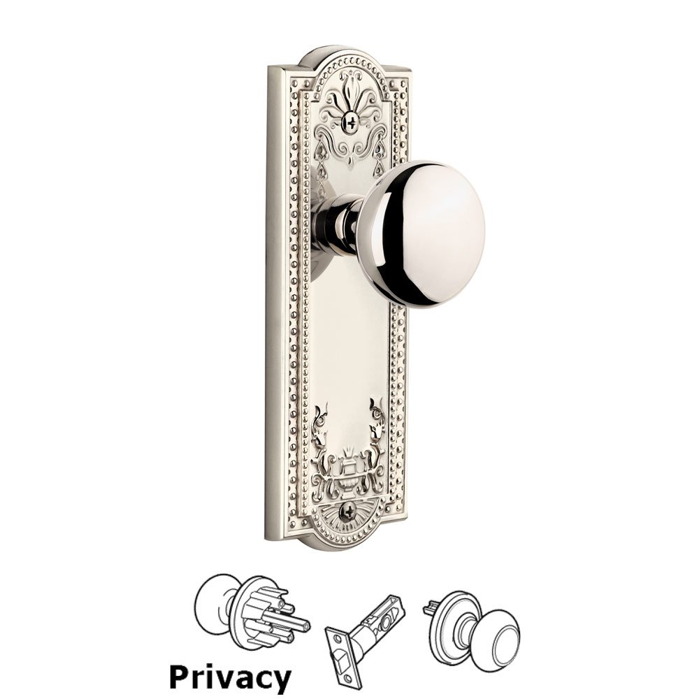 Grandeur Parthenon Plate Privacy with Fifth Avenue Knob in Polished Nickel