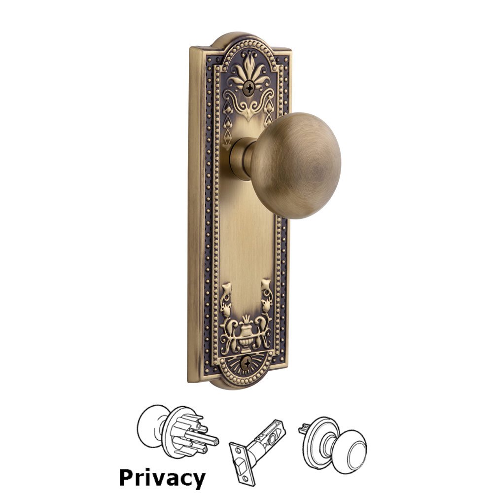 Grandeur Parthenon Plate Privacy with Fifth Avenue Knob in Vintage Brass