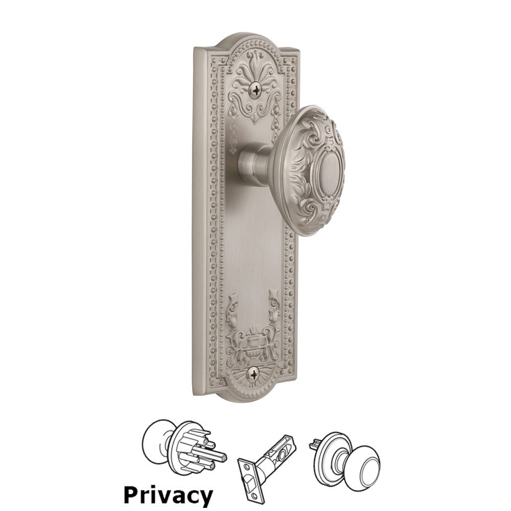 Grandeur Parthenon Plate Privacy with Grande Victorian Knob in Satin Nickel