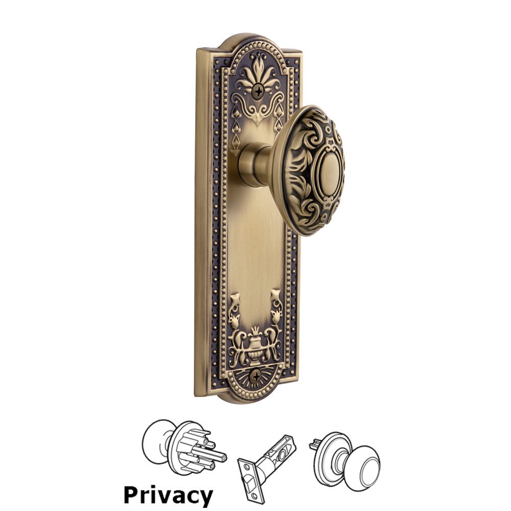 Grandeur Parthenon Plate Privacy with Grande Victorian Knob in Vintage Brass