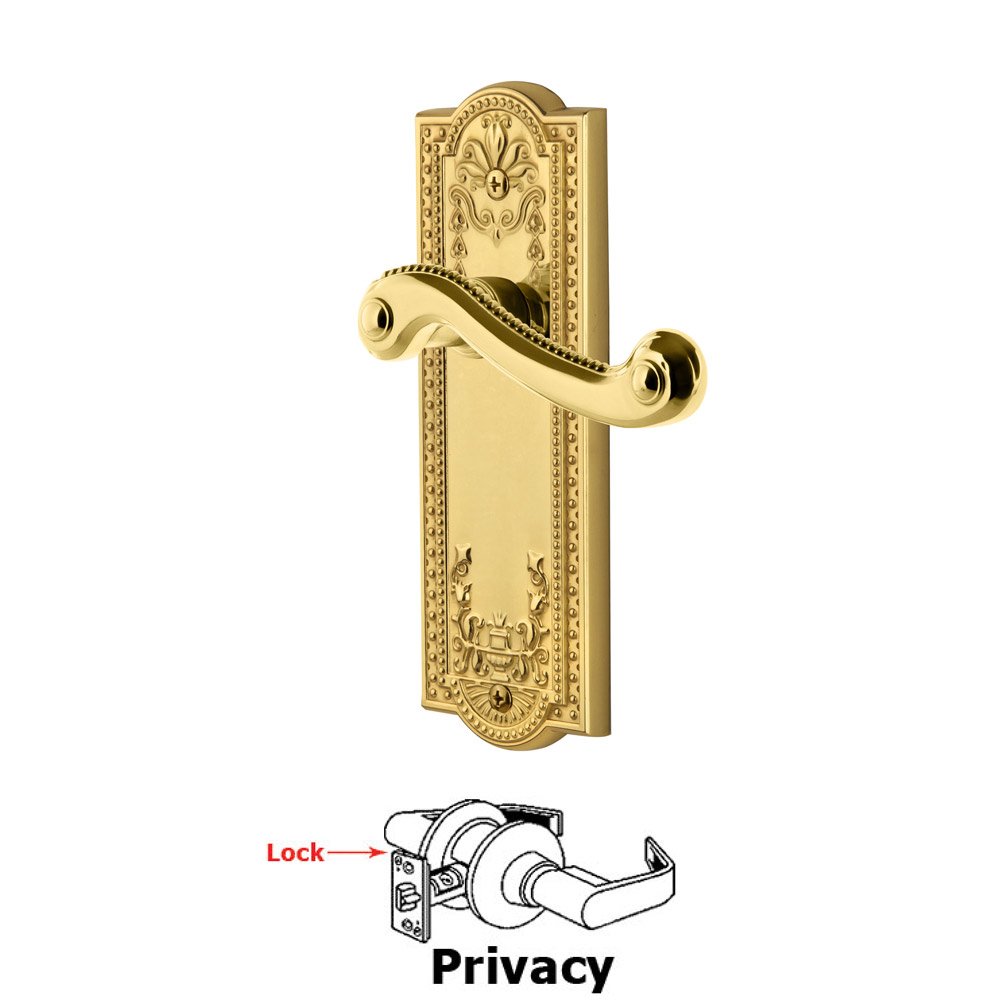 Privacy Parthenon Plate with Newport Left Handed Lever in Lifetime Brass