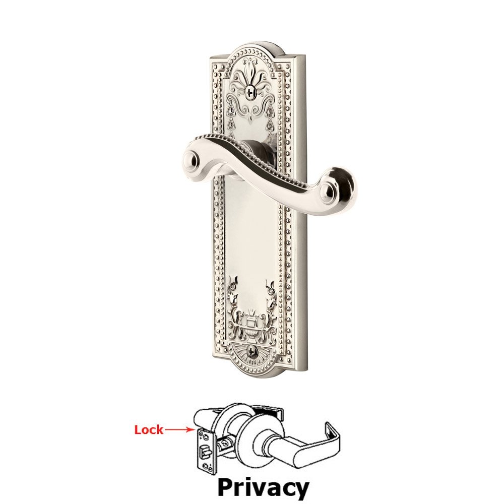 Privacy Parthenon Plate with Newport Left Handed Lever in Polished Nickel