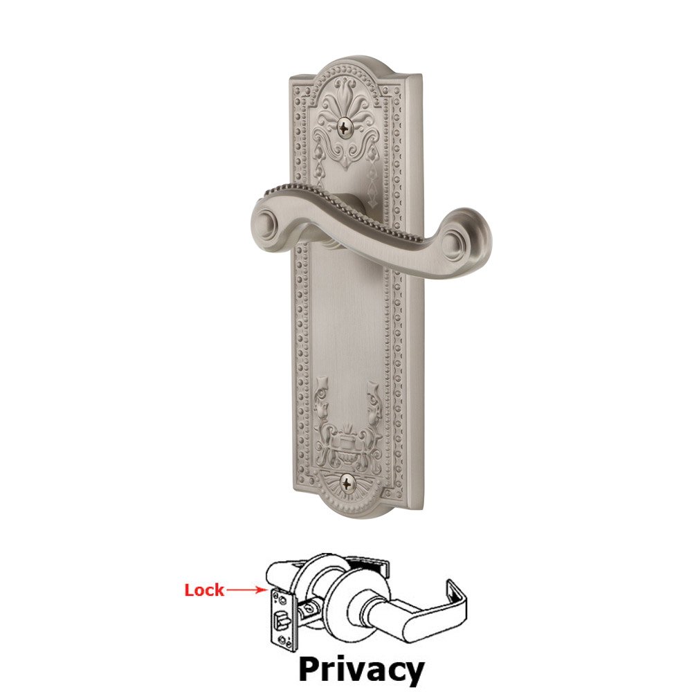 Privacy Parthenon Plate with Newport Left Handed Lever in Satin Nickel