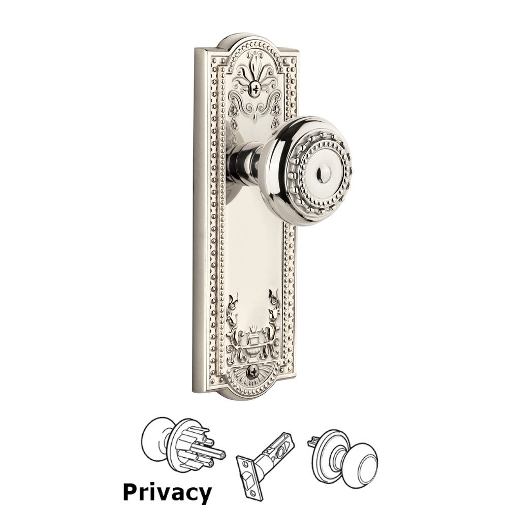 Grandeur Parthenon Plate Privacy with Parthenon knob in Polished Nickel