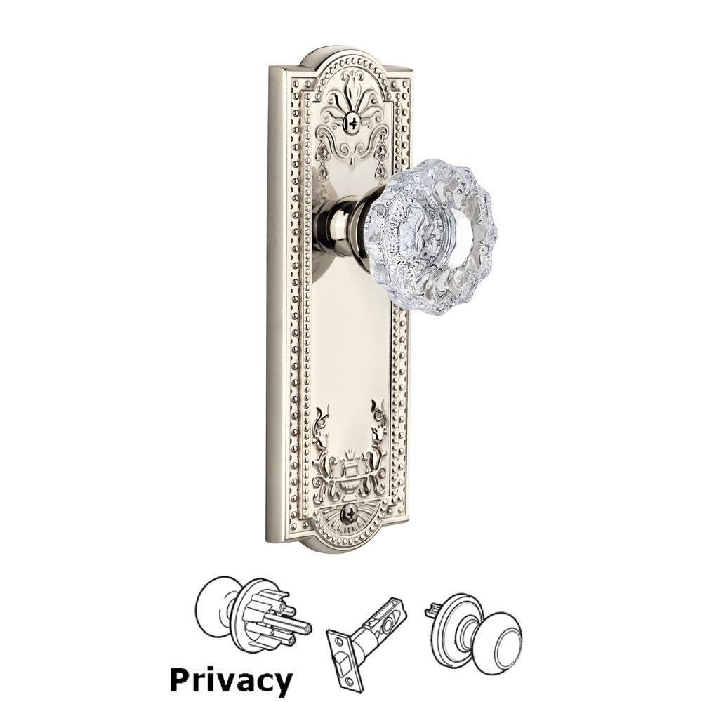 Grandeur Parthenon Plate Privacy with Versailles Knob in Polished Nickel