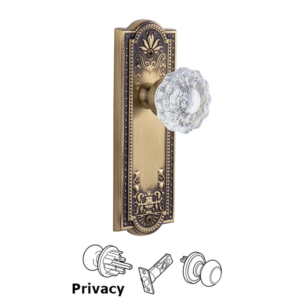 Grandeur Parthenon Plate Privacy with Versailles Knob in Vintage Brass