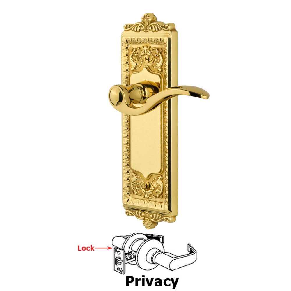 Privacy Windsor Plate with Right Handed Bellagio Lever in Polished Brass